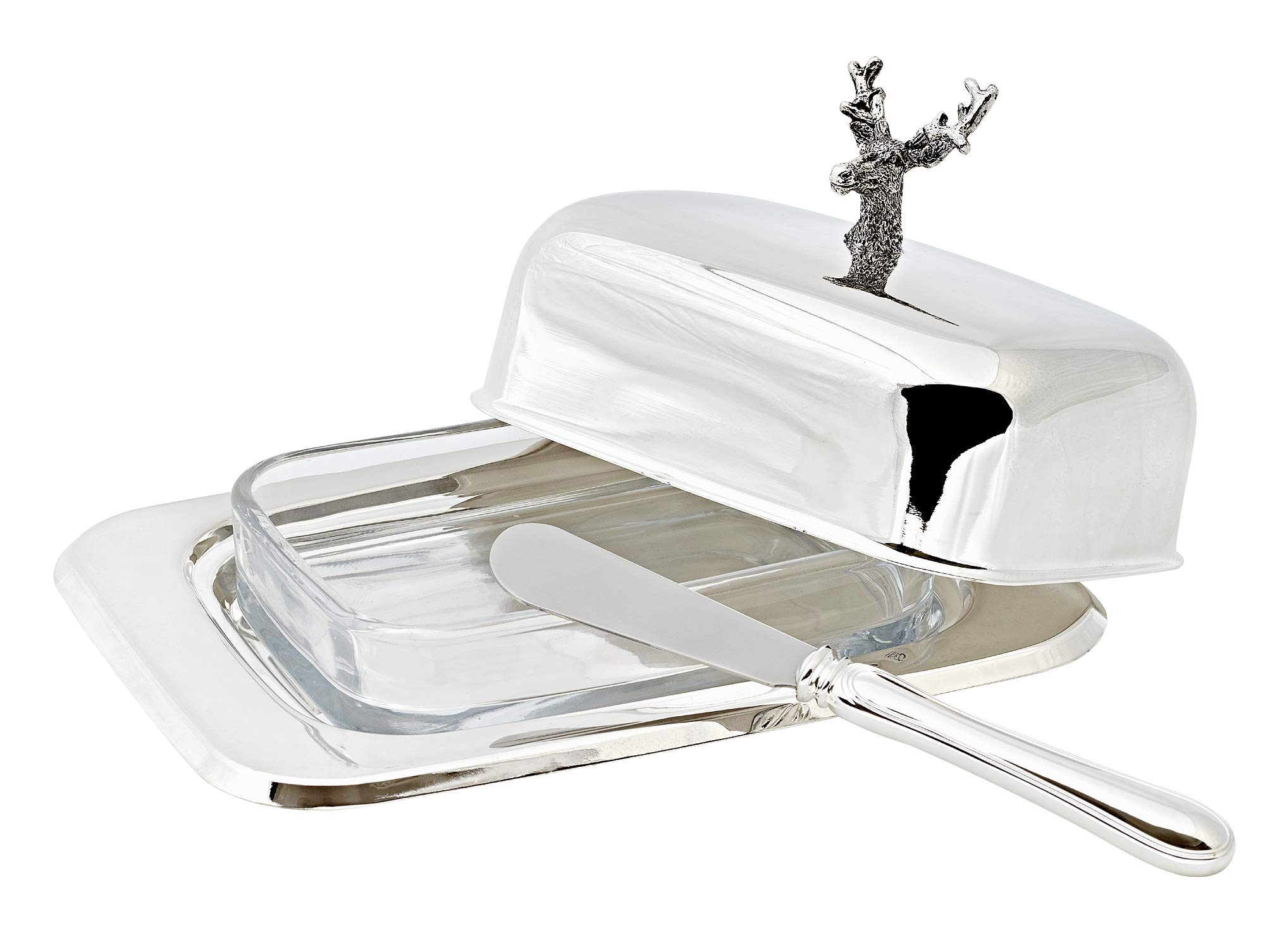 EDZARD Butter Dish Deer for 250 gram Butter, 5,1 x 7,1 in, Height 3,1 in, Silver Plated, high Gloss Polished, with Glass Insert, Including Butter Spreader
