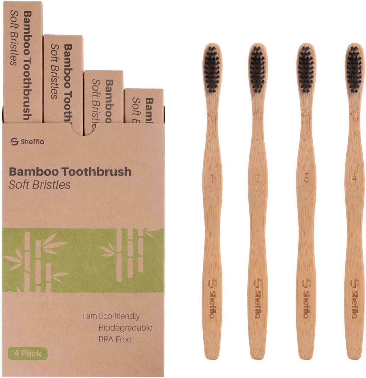 Natural Bamboo Toothbrush, 100% Organic Biodegradable and Vegan Bamboo Soft Bristle Toothbrush Pack of 4 for Adults
