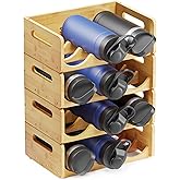 SpaceAid Bamboo Water Bottle Organizer with Labels, Kitchen Pantry Water Bottle Storage Rack for Cabinets, Home Cup and Wine Bottle Holder Shelf Organizers, 4 Pack 3-Slot, Hold 12 Bottles
