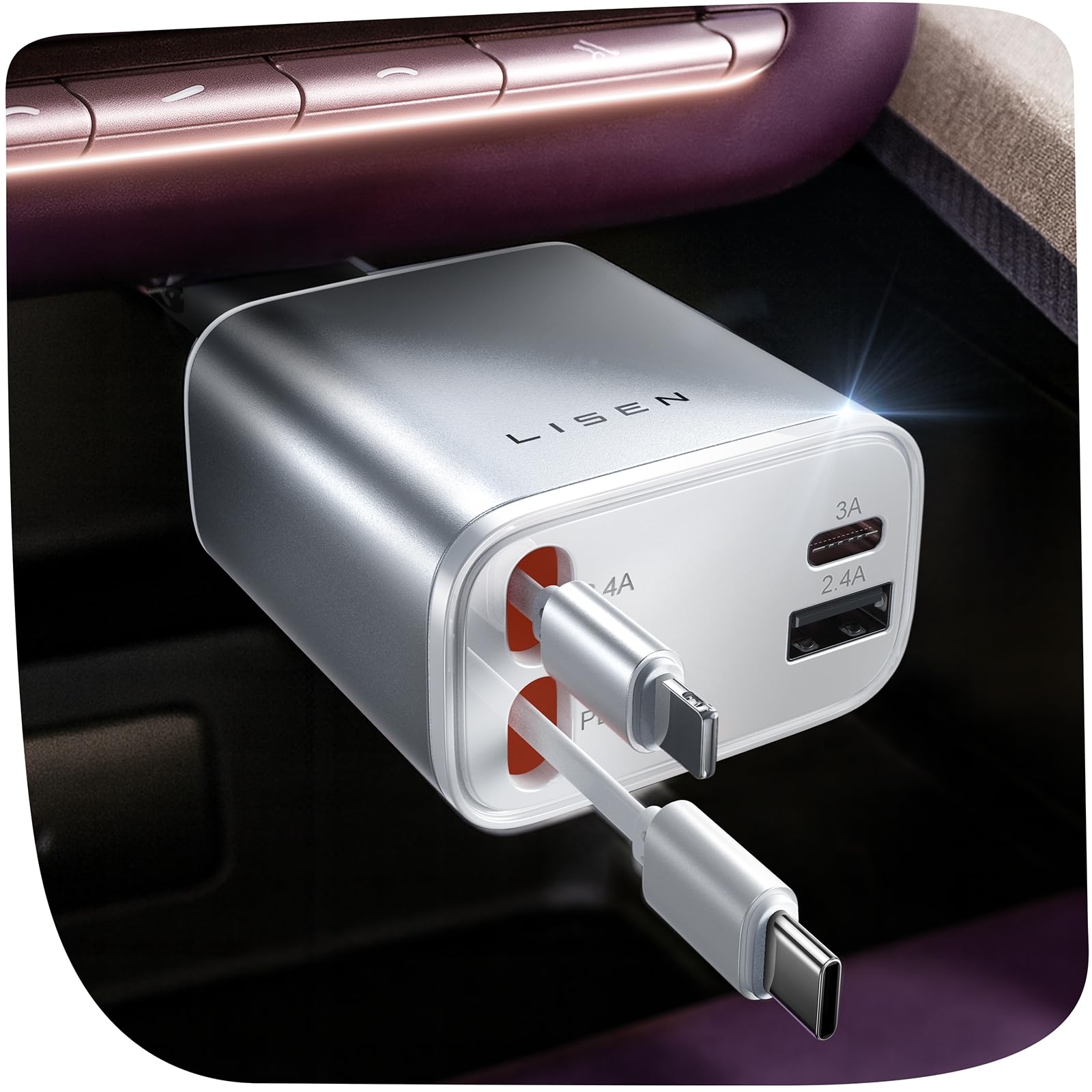 Photo 1 of LISEN for iPhone 17 Retractable Car Charger, 75W 4 in 1 Retractable Car Charger USB C Cigarette Lighter Adapter for iPhone 17 Pro Max, Cute Girly Cigarette Lighter fit i Phone 16 15 Pro Max Air, White