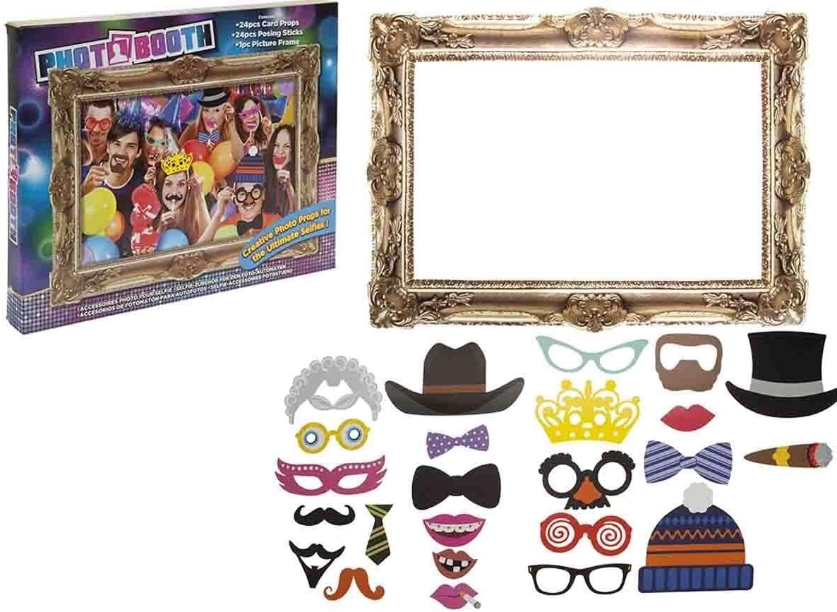 Photo Booth 24 piece Selfie Posing Props & Large Picture Frame Party Accessory