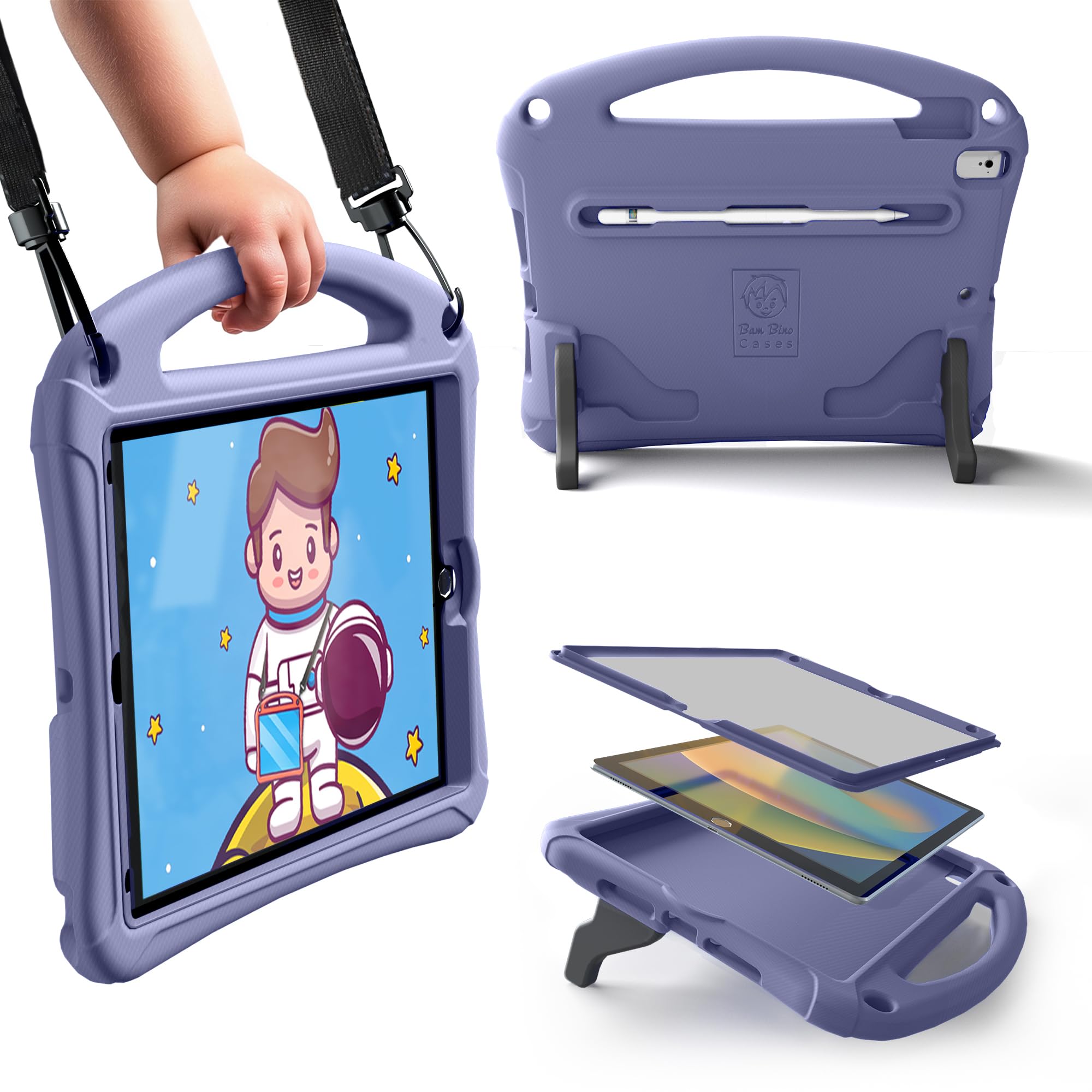 Bam Bino Space Suit iPad 9th Generation Case Kids, iPad 8th/7th (2021/2020/2019) 10.2 inch iPad Case, Lightweight shockproof with Screen Protector, Shoulder Strap, Handle, Stand (Nebula Violet)