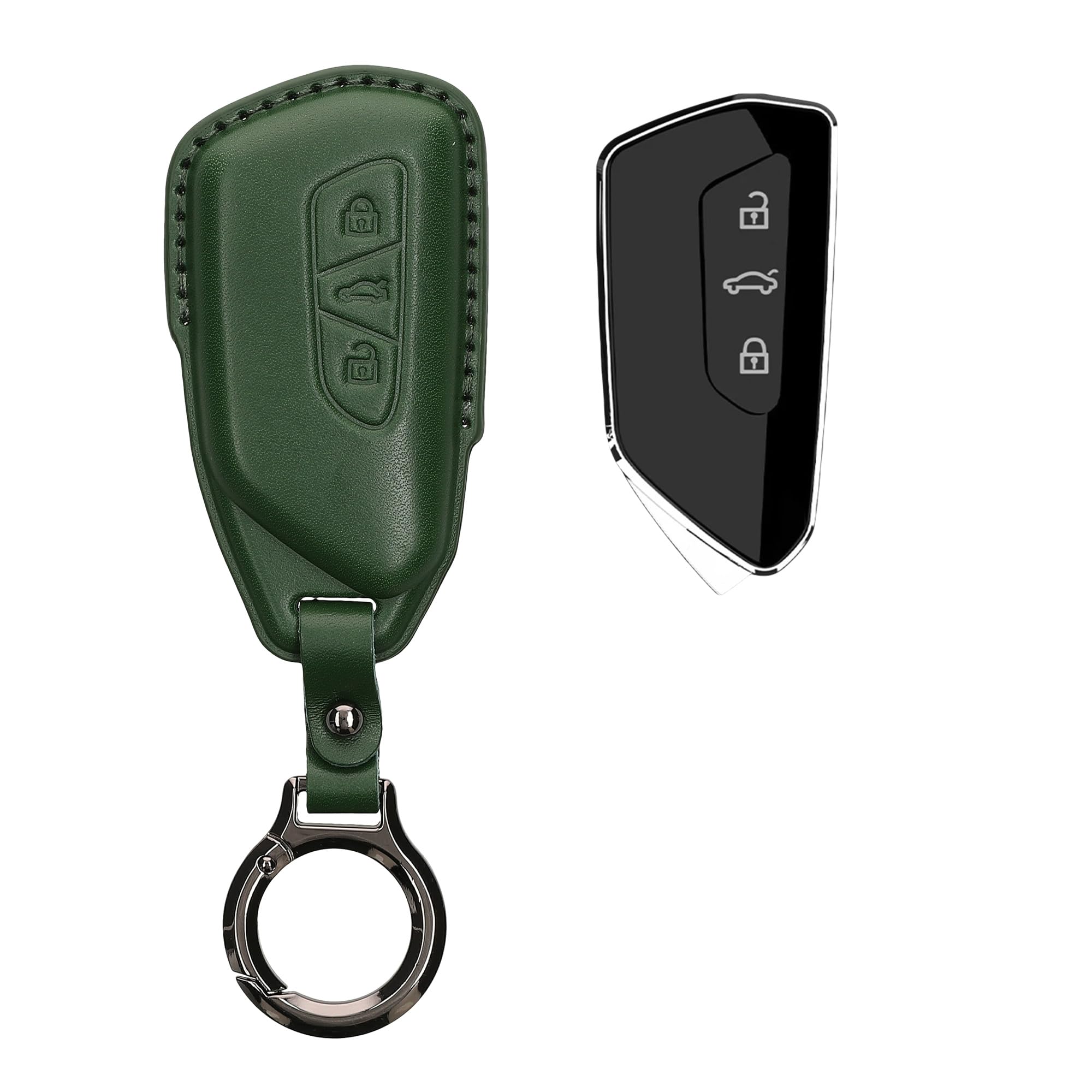 kwmobile Leather Key Cover Compatible with VW Golf 8 3 Button Car Key Key Cover - Genuine Leather - Dark Green
