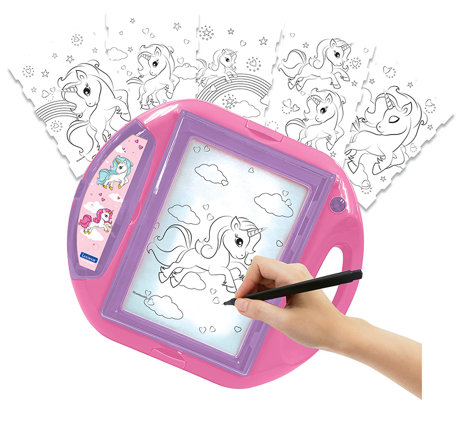 LEXIBOOK, Unicorn, Drawing Projector, 4 tampons, 10 templates, lighting screen, 1 pen included, artistic and creative toy for girls and boys, Pink/Purple, CR310UNI