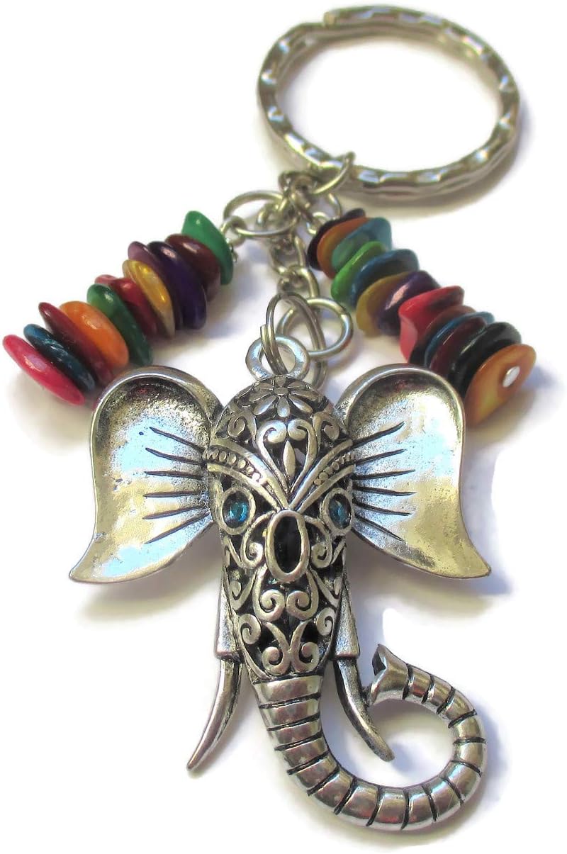 Ruby Rouge JewelleryElephant Head Charm Keyrings with Rainbow Shell Beads and Gift bag
