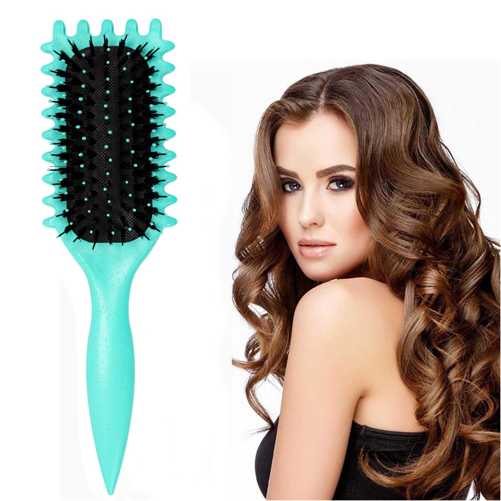 Bafiwu Curl Brush, Curl Defining Brush for Curly Hair, Boar Bristle Hair Brush Curling Roll Comb for Women Girls, Styling Brush for Detangling Shaping and Defining Curls (Green)