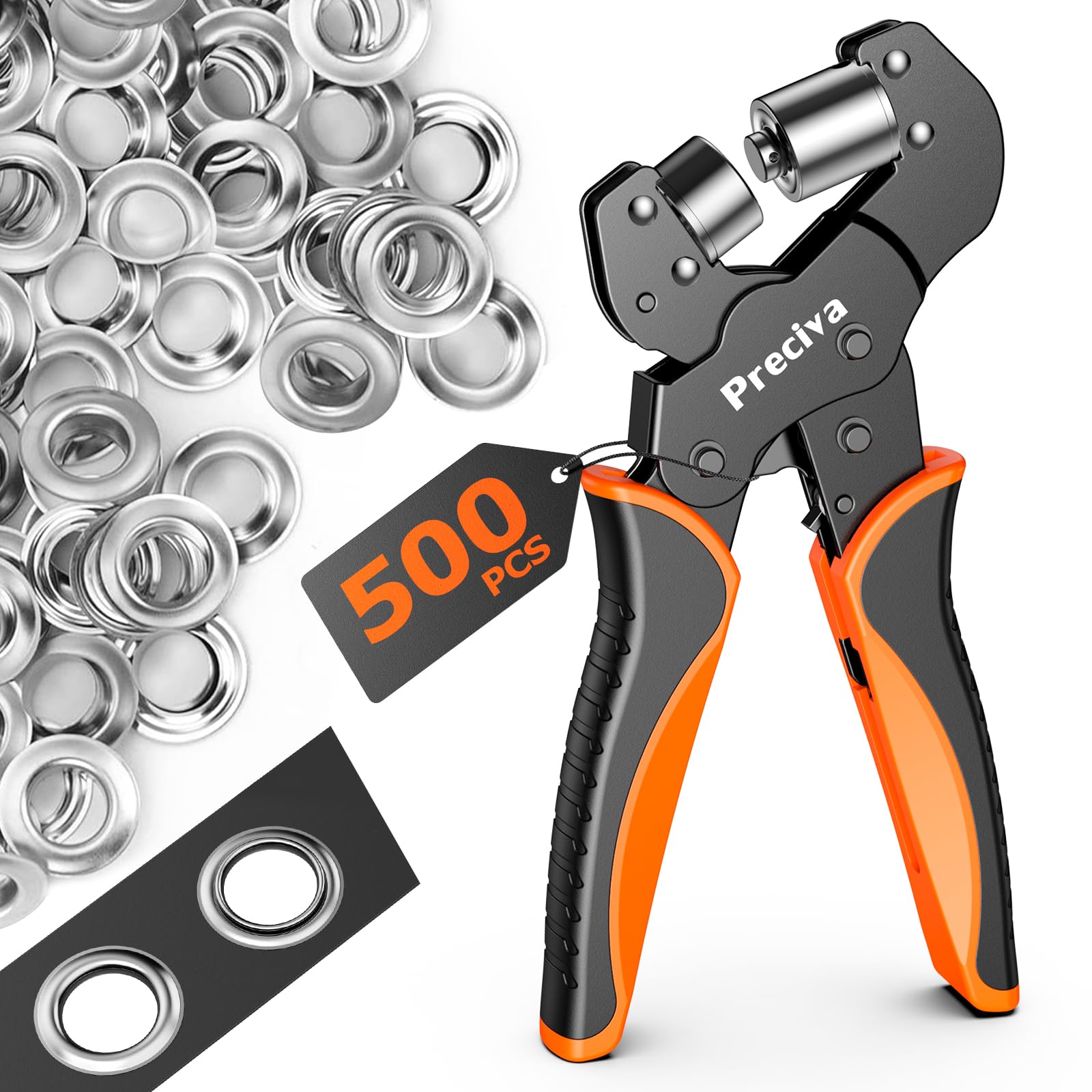 Preciva Eyelet Punch Tool Kit,Professional Grommet Punch Kit,10mm Hole Punching Plier with 500pcs Metal Eyelets,for Poster,Banner,Cardboard
