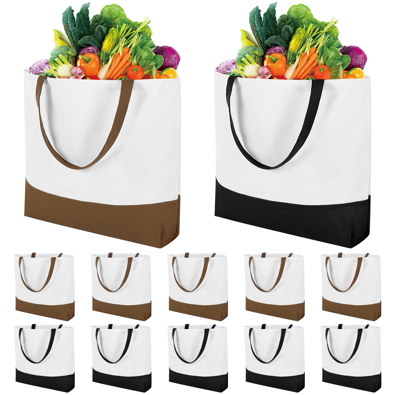 Photo 1 of 12 Pack Back to School Super Strong Large Cotton Canvas Tote Bag, Off the College Reusable Grocery Shopping Cloth Bags, Fashionable Two-Tone Bags for Crafts, DIY Your Creative Designs (Black + Brown)
