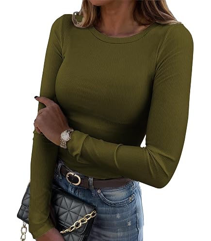 Lynwitkui Womens Long Sleeve Fitted Shirts Ribbed Knit Slim Tight