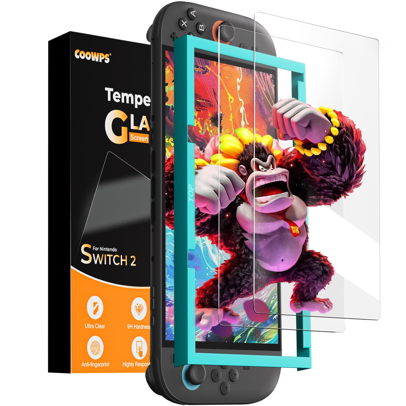 COOWPS Screen Protector for Nintendo Switch 2 (2025), with Alignment Frame, Easy to Install, Ultra HD Tempered Glass Screen Protector, 9H Hardness Scratch Resistant for Switch 2 (2 Pack)