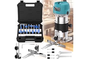 TwoWin Router Tool, 110V 800W Compact Palm Wood Router Tool for Woodworking, Electric Hand Trimmer 1/4" Collets Woodworking Tool Laminate Trimmer + Tungsten Carbide Router with 15 Pcs Router Bits