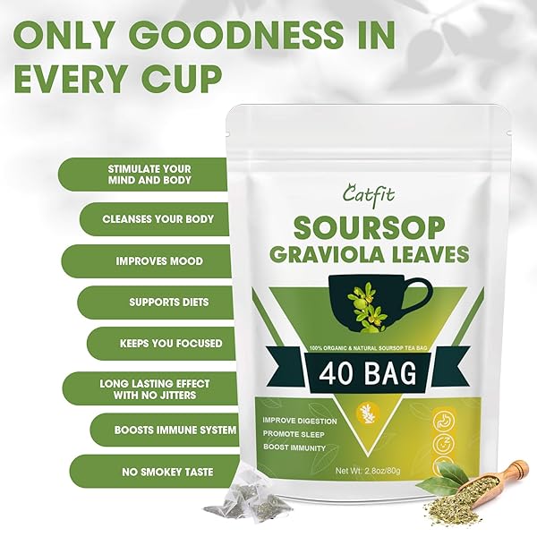 SOURSOP GRAVIOLA LEAF TEA BAGS, 100% NATURAL SOURSOP LEAVES FOR IMPROVE DIGESTION, SUPPORT HEALTHY SKIN & SLEEP, RICH IN POTENT ANTI-OXIDANTS, NON-GMO, CAFFEINE-FREE, 40 TEA BAGS