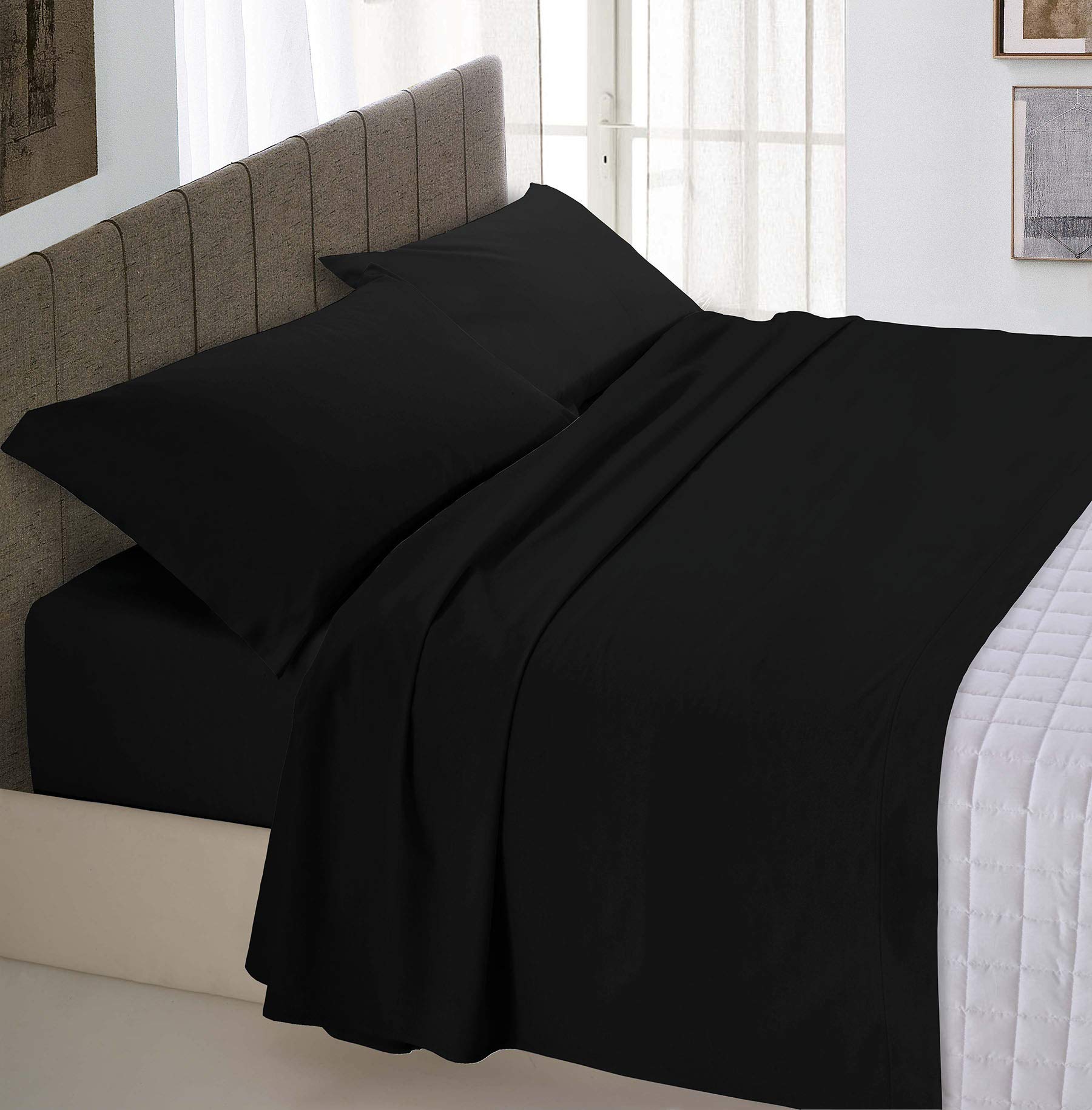 Italian Bed Linen Max Color Bed Linen Set (Flat 250x300, Fitted Sheet 170x200cm+2 Pillowcases 52x82cm), Black, Double