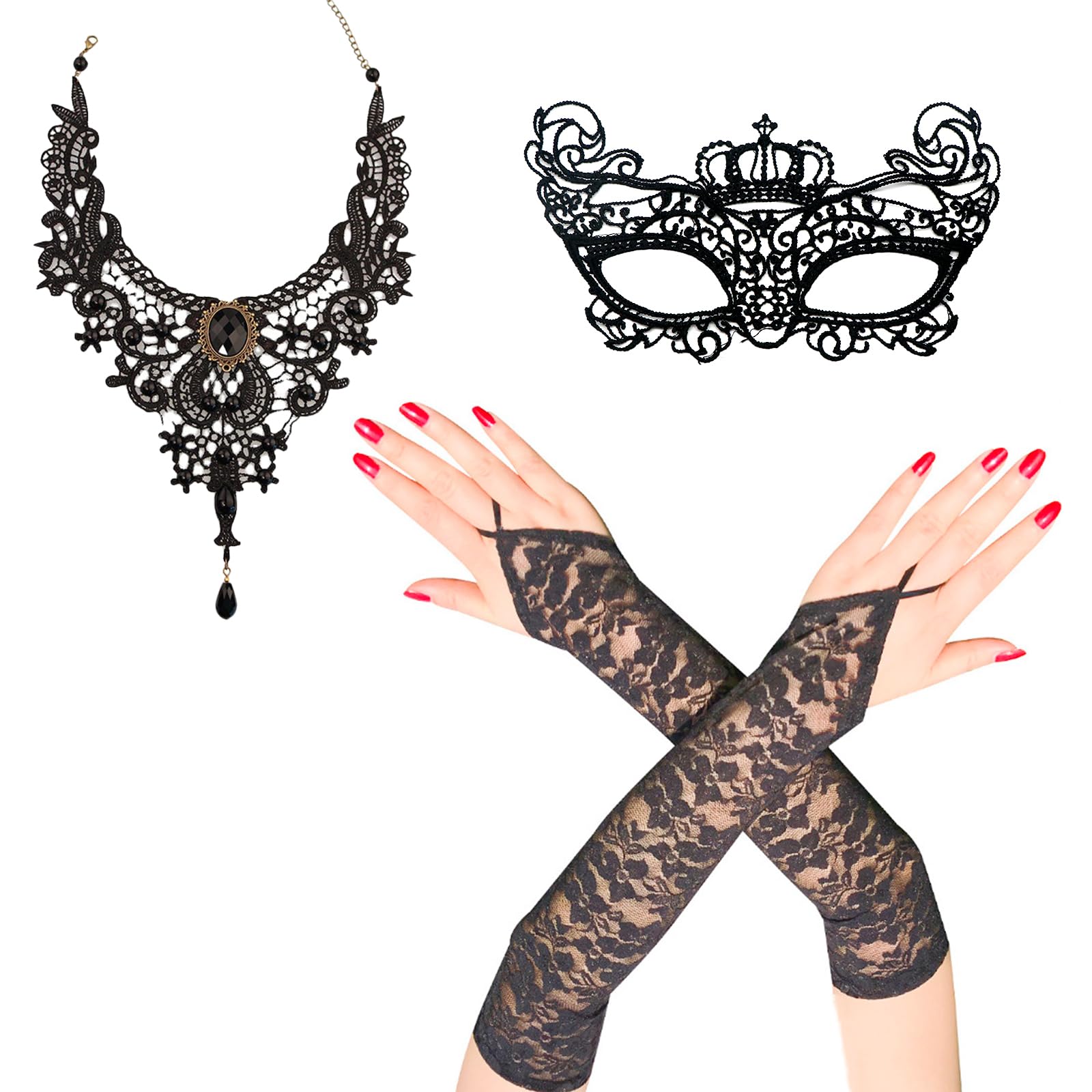MAINOSHY 3 Pieces Halloween Cosplay Accessories, Lace Floral Fingerless Gloves Black Lace Gloves with Choker Necklace Masquerade Mask for Women Girl Halloween Theme Party