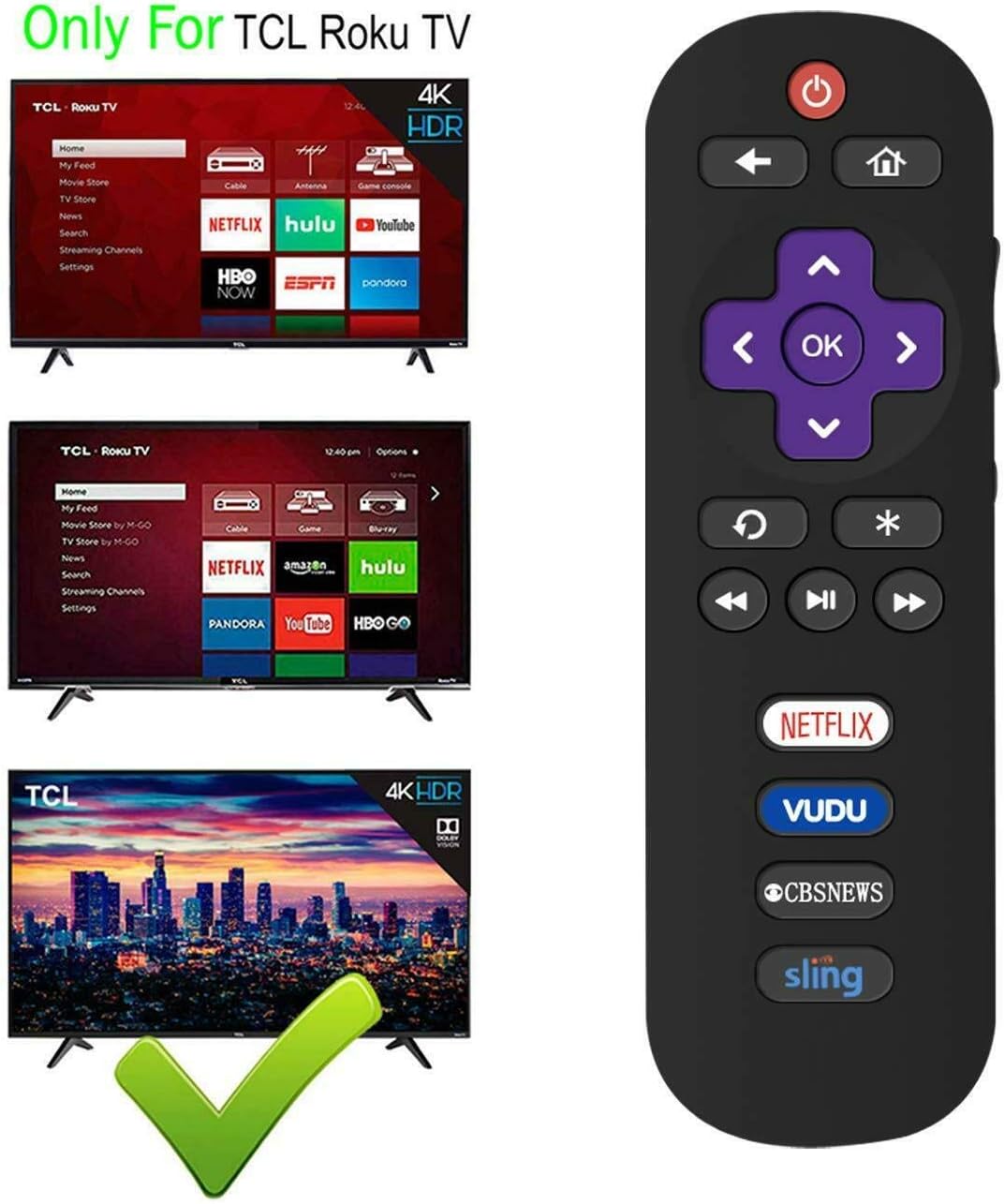 Redcolourful RC280 Remote Control for TCL ROKU TLC TV 40FS3750 49FP110 55FS3750 43FP110 32FS3