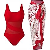 BAWHAHT Women’s One Piece Swimsuit with Skirt Mesh Tummy Control Retro Bathing Suit Set with Wrap Cover Up