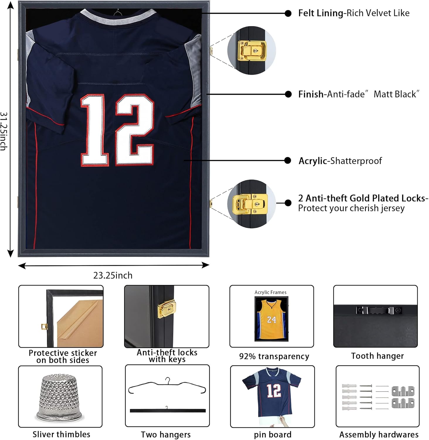 IHEIPYE Jersey Frame Display Case,Jersey Shadow Box Lockable with 98% UV Protection Acrylic and Hanger for Baseball Basketball Football Soccer Hockey 2XL Sport Jersey Shirt and Uniform Black: Home & Kitchen