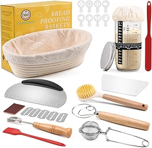 Clheatky Sauerteig Starter Set, 11-teilig Gärkorb Brot Set, Oval 25cm, Rattan, Komplettset Brot Backen Zubehör, Geschenk für Anfänger und Erfahrener Bäcker