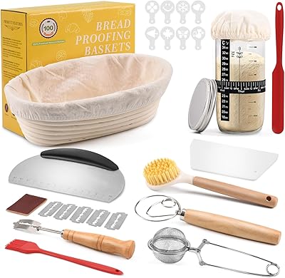 Clheatky Sauerteig Starter Set, 11-teilig Gärkorb Brot Set, Oval 25cm, Rattan, Komplettset Brot Backen Zubehör, Geschenk für Anfänger und Erfahrener Bäcker