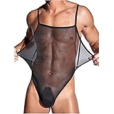 BEAUDRM Men's Sheer Mesh Sexy Bodysuits See Through High Cut Thong Leotard Singlet