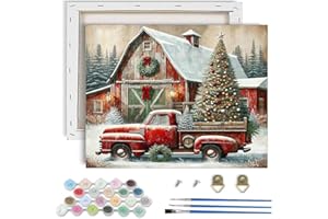 VIGEGU Christmas Paint by Numbers Kit for Adults Beginner with Frame,Red Truck Christmas Tree Paint by Number DIY Adult Paint by Number Kits for Home Decor 12x9 in