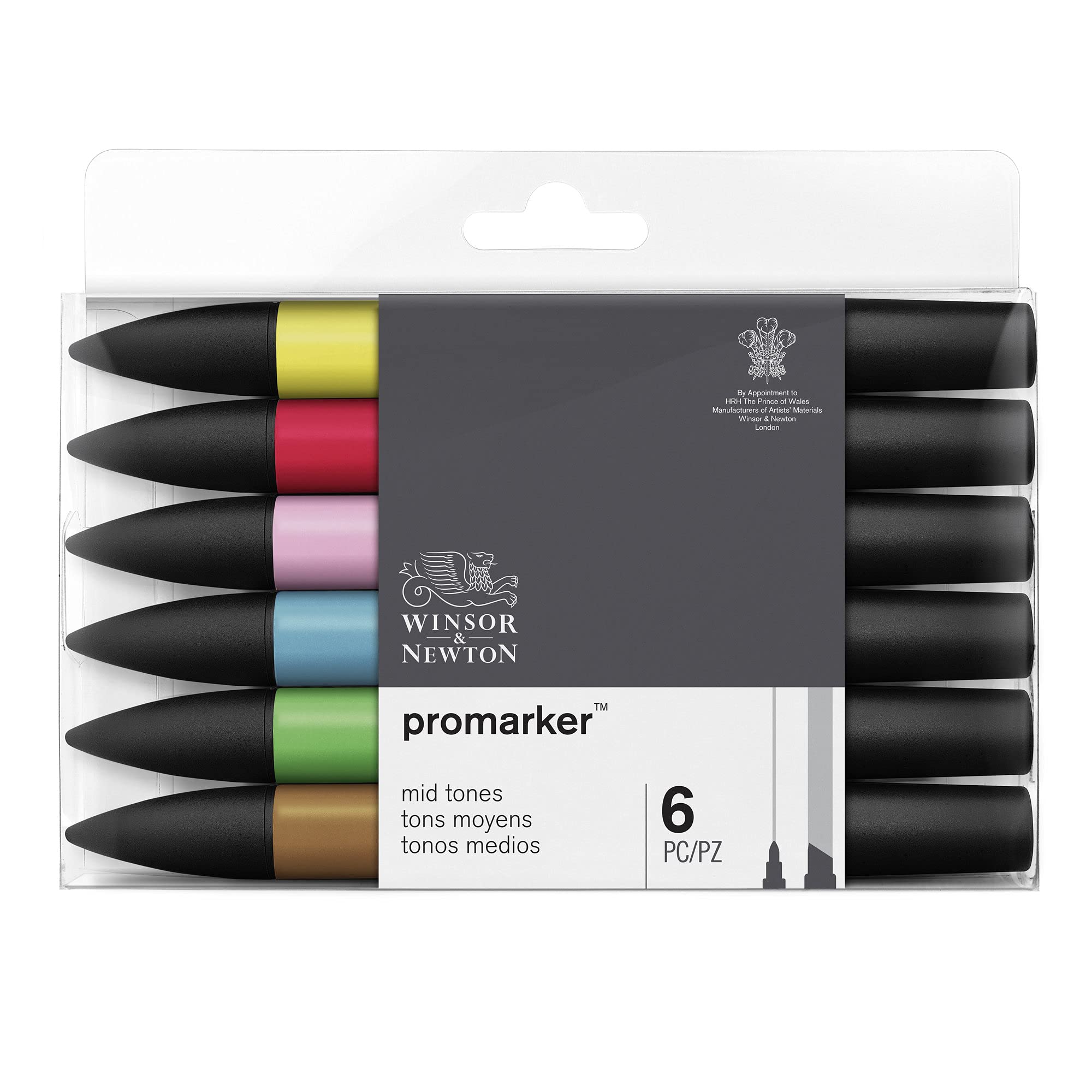 Winsor & Newton, Promarker, Mid Tones, Set of 6, Alcohol Based Dual Tip Markers