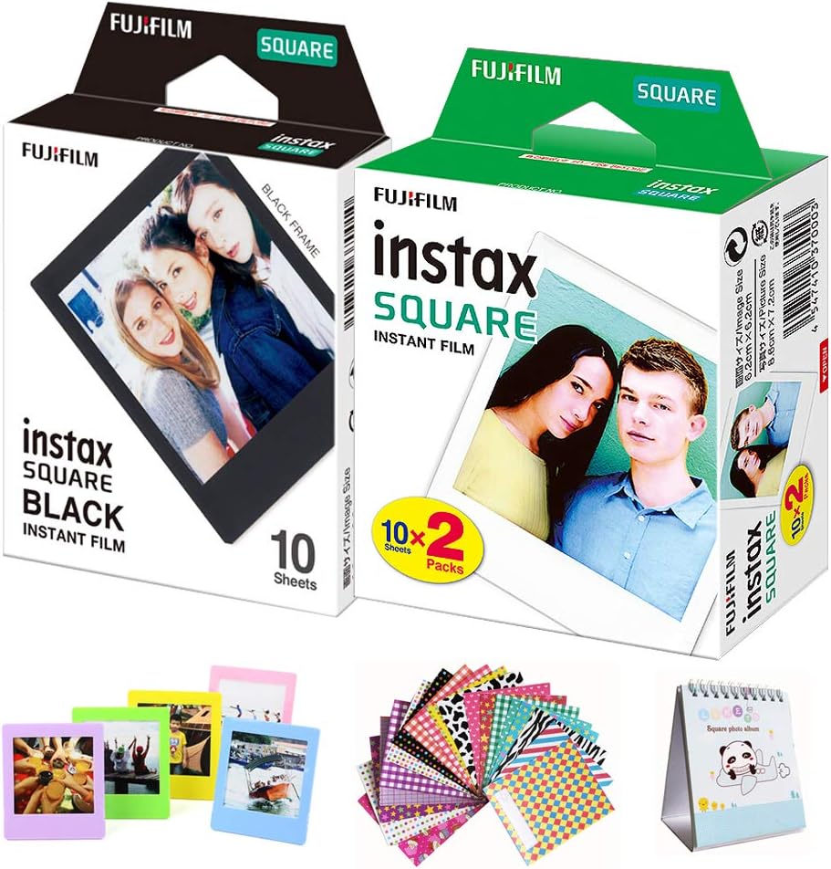 FujiFilm Instax Square Instant Film 20 Photo Sheets White + 10 Sheets Black Edge Include Border Stickers （Square）/Coloful Frame/Desktop Album - Compatible with FujiFilm Instax Square SQ6, SQ10 and SQ