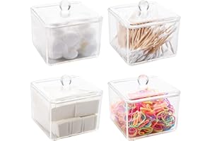 Hedume 4 Pack Swabs Dispenser Holder, 15 Oz Clear Acrylic Canister Set, Modern Square Bathroom Vanity Countertop Storage Orga