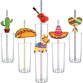 Blulu 72 Pieces Mexican Themed Fiesta Birthday Taco Tuesday Party Decorations Paper Striped Straws Cupcake Cake Toppers Party Supplies for Hawaiian Parties, Photo Props, Carnivals Festivals, Wedding