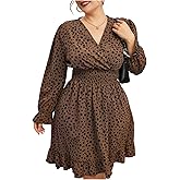 BEAUDRM Women's Plus Size Leopard Short Dress Y2k Cheetah Ruffle Hem Dress Long Sleeve A Line Polka Dots Fall Dresses