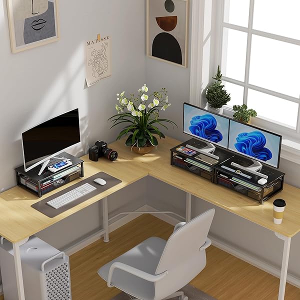 GIANOTTER COMPUTER MONITOR STAND RISER, DESK ORGANIZERS AND ACCESSORIES WITH DRAWER, OFFICE DESK ACCESSORIES & WORKSPACE DESKTOP ORGANIZERS STORAGE FOR PRINTER STAND (BLACK)
