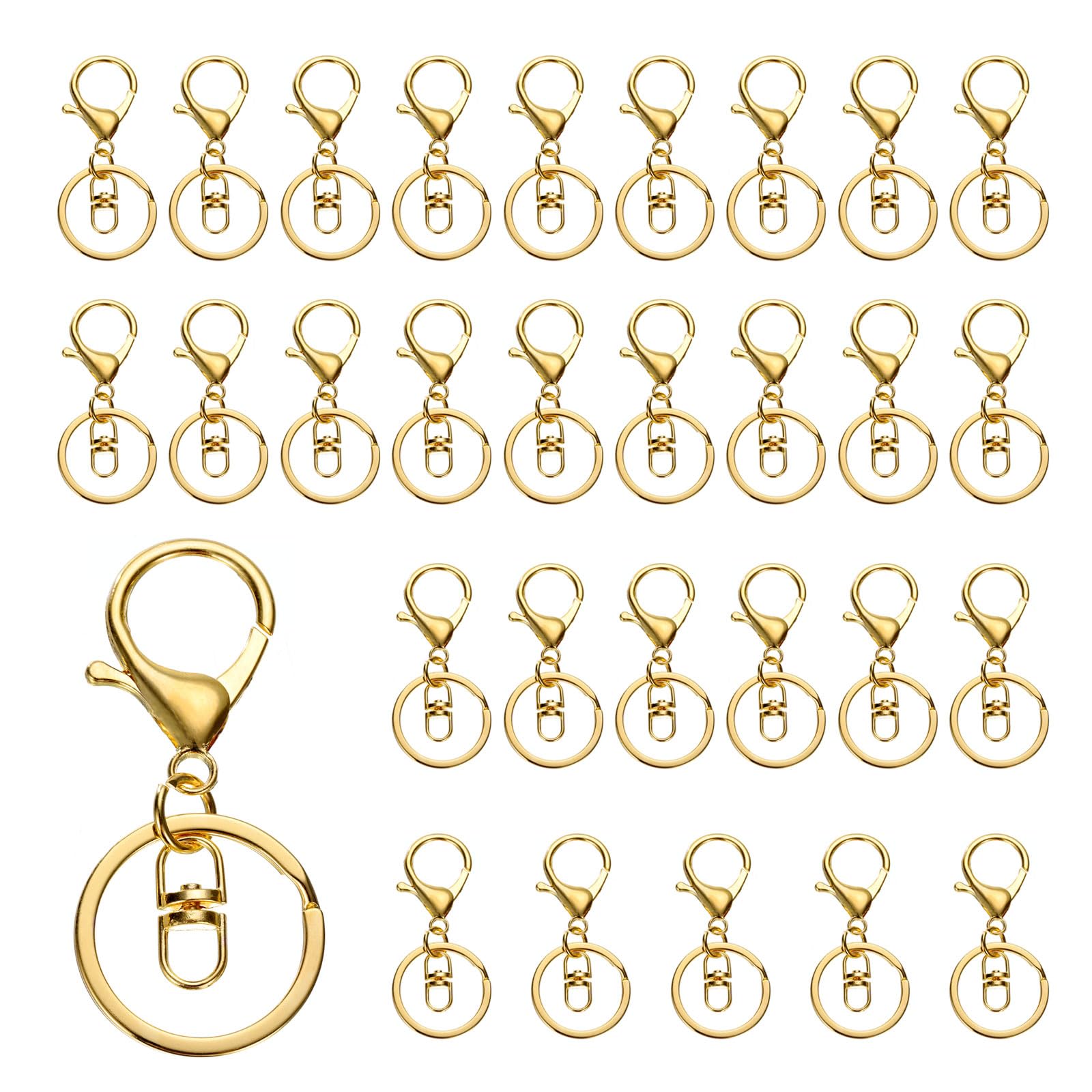 uxcell Lobster Claw Clasps Keychain, 30 Pcs Lobster Claw Clasp Hook with Swivel Trigger Clip and Flat Split Keychain Ring for DIY Craft Key Chain Accessories, Gold