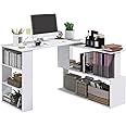 HOMCOM L Shaped Desk, Corner Computer Desk, 360 Degree Rotating Home Office Desk with Storage Shelves, Writing Table Workstation, White