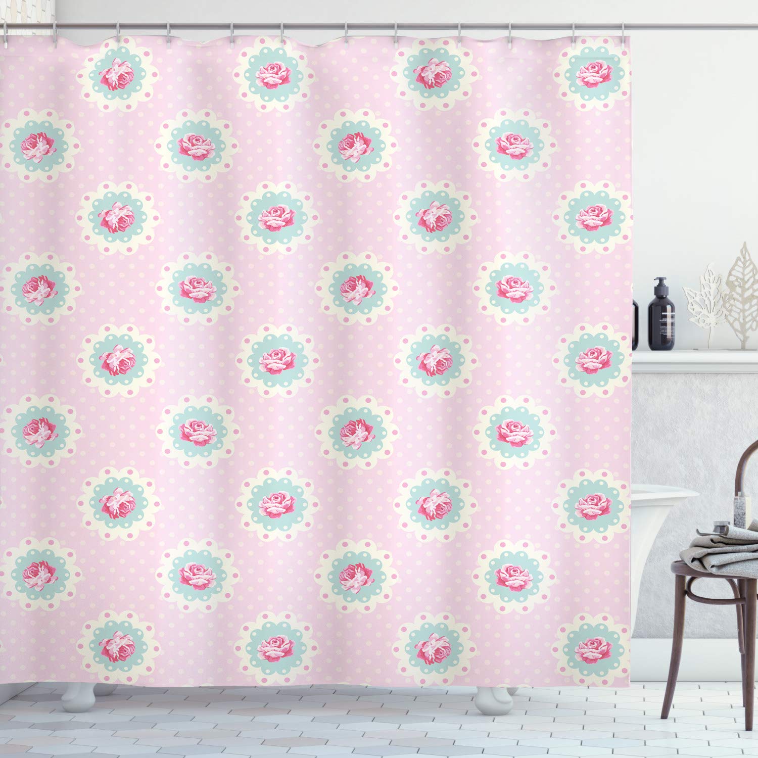 ABAKUHAUS Shabby Flora Shower Curtain, Retro Style Polka Dotted Backdrop and Floral Motifs Roses Cottage, Cloth Fabric Bathroom Decor Set with Hooks, 70 Inches, Baby Pink White Seafoam — image 1