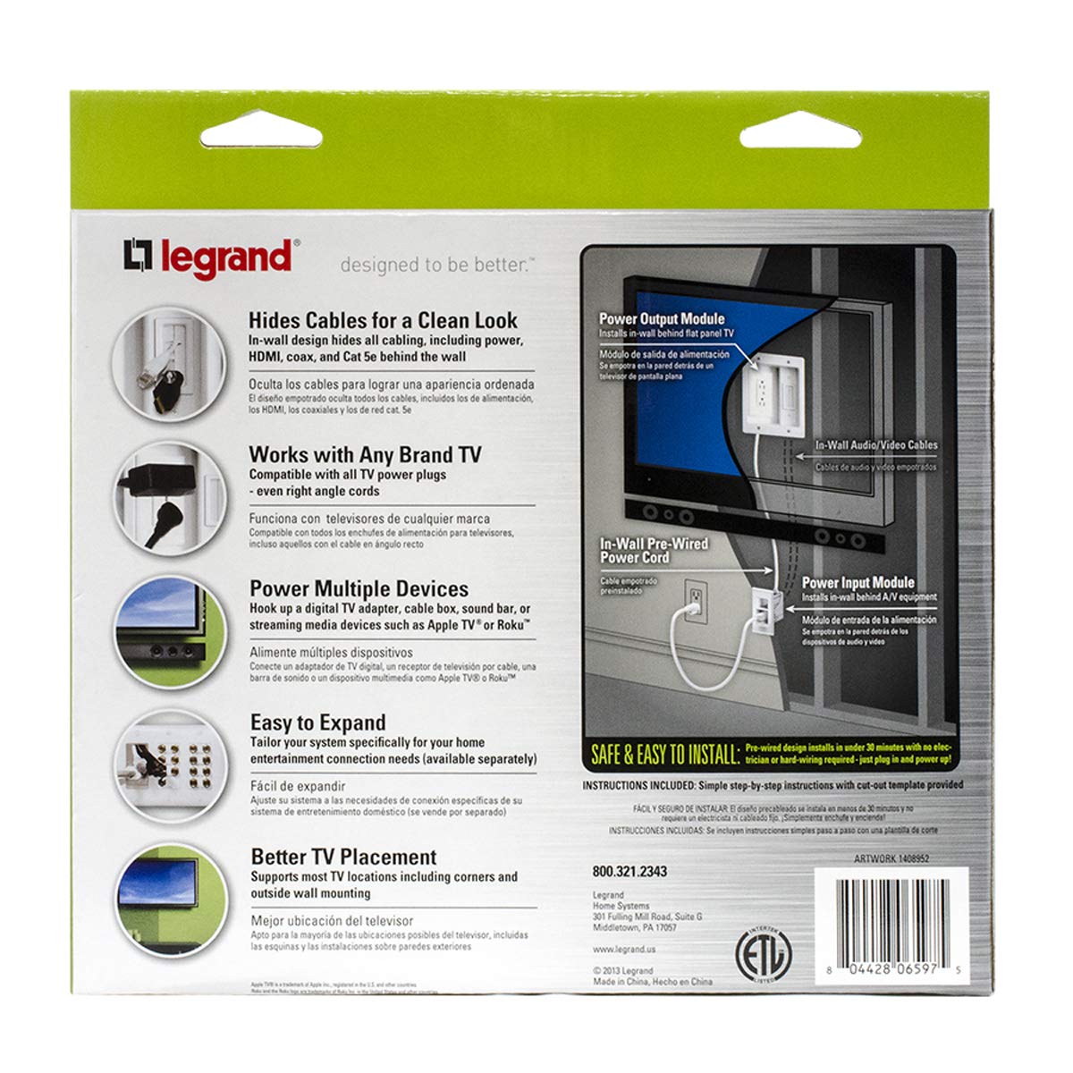 Amazon.com: Legrand - On-Q 16314 HT2202WHV1 In-Wall TV Power & Cable  Management Kit, Hides Power & AV Cables for Clean, Clutter-Free Installation:  Home ...