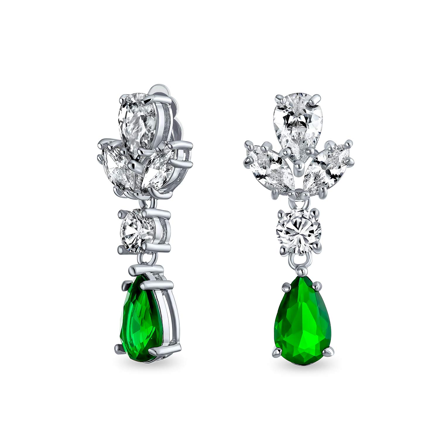 Vintage Art Deco Style Simulated Emerald Green Cubic Zirconia AAA CZ Statement Dangle Formal Leaves Teardrop Chandelier Clip On Earrings Wedding Prom Silver Plated — image 1