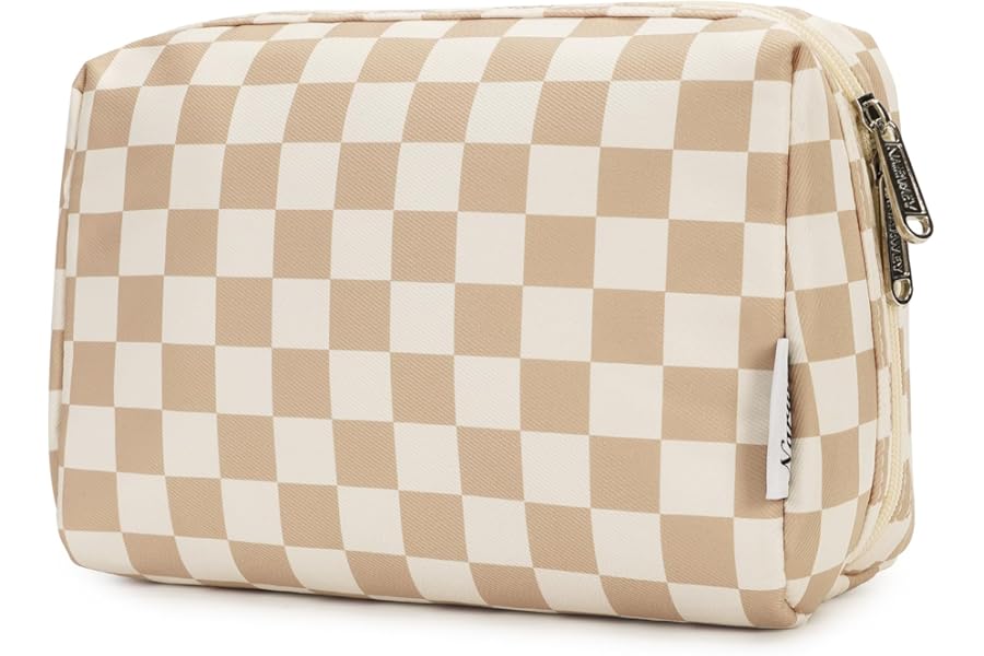 Narwey Checkered Makeup Bag Travel Cosmetic Bag Organizer Toiletry Bag Make Up Bags with Compartments for Women Girls (Large, Light Checkerboard)