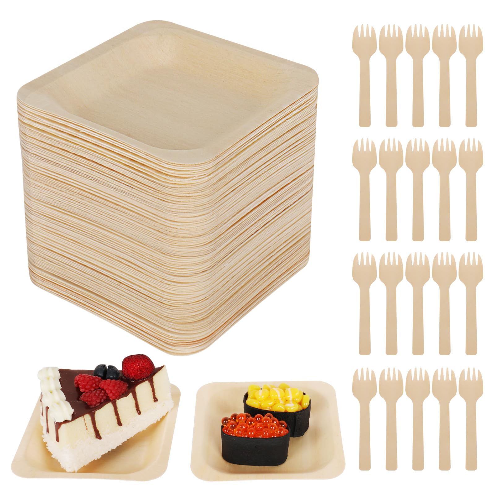 Photo 1 of 100 Pcs Disposable Palm Leaf Bowls, Square Bamboo Appetizer Plates, Compostable Wood Plates with Bamboo Forks for Birthday Wedding Party, Dessert, Catering and Home Use (4.4 x 4.4x0.5 Inch)