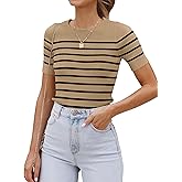 ZESICA Women's Short Sleeve Crewneck Striped T Shirt 2026 Summer Ribbed Knit Slim Fit Casual Basic Tee Tops
