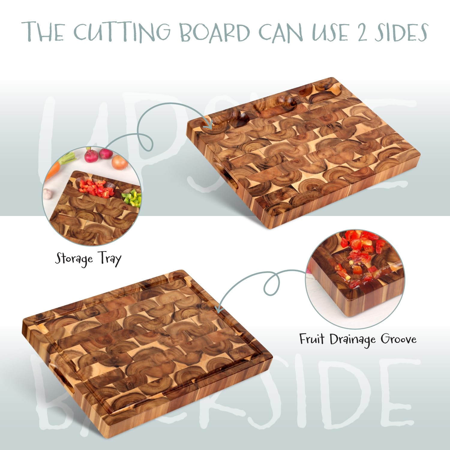 Acacia End Grain Cutting Board (17x13x1.5in), Butcher Block - Reversible Multipurpose Chopping Board with Juice Groove, Cracker Holder & Inner Handles