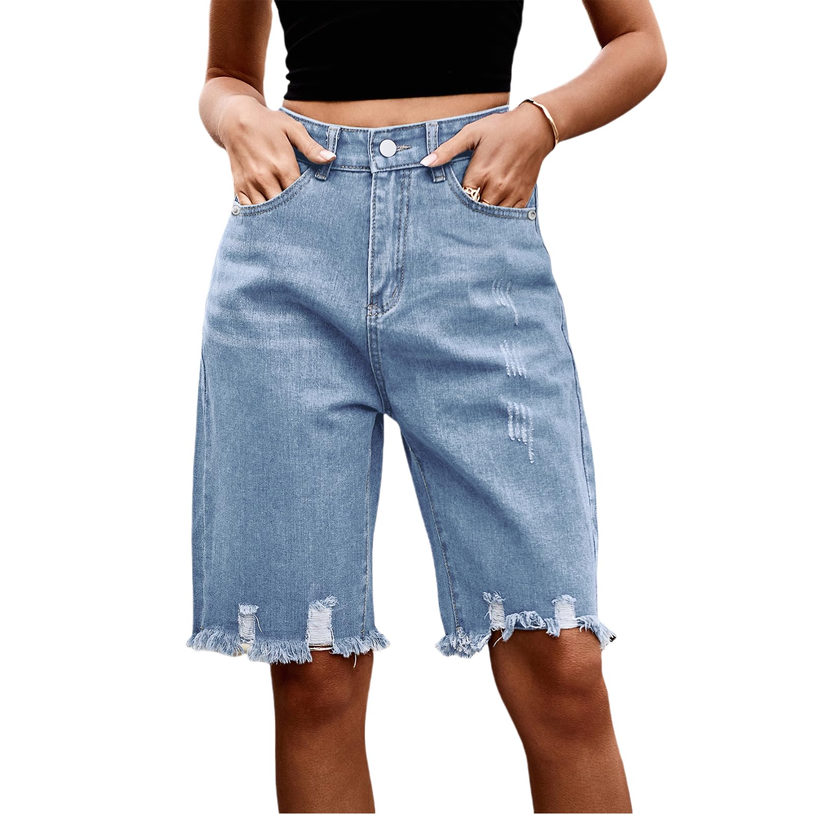 Photo 1 of KAOBIO 2025 Denim Bermuda Shorts for Women High Rise Casual Ripped Baggy Jorts Y2k Summer Trendy Cargo Shorts (Light Blue,X-Large)