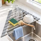 ERIUZB Roll Up Dish Drying Rack Over Sink, Space Saving Corner Sink Rack with Silicone Wrapped Anti Slip Edges, Foldable Stainless Steel Dish Drainer for Small Kitchens