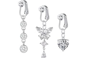 D.Bella Fake Belly Ring, Clip-on Belly Button Rings, Surgical Steel Earrings, Diamond Dangle Non-Piercing Belly Jewelry