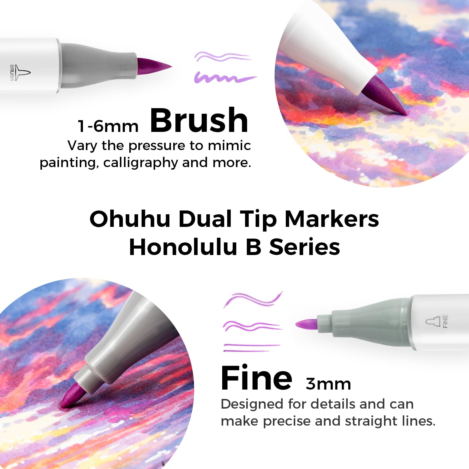 Ohuhu Alcohol Markers Brush Tip- 104-color Double Tipped Alcohol Based Art Marker Set for Artists Adults Coloring Illustration- Honolulu B of Ohuhu Markers- Dual Tip Brush & Fine- Refillable