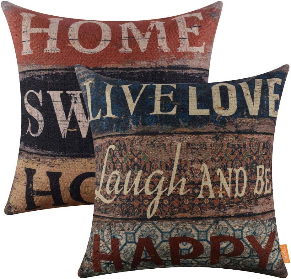 LINKWELL Pack of 2, Square Throw Pillow Covers Set Decorative Cushion Case for Sofa Bedroom Car Couch 18x18 Inch - Vintage Home Sweet Home Words CC1229-1289