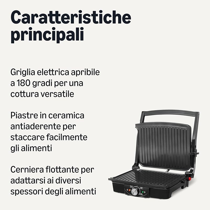 - Griglia elettrica a contatto con controllo della temperatura, piastre antiaderenti, 2000 W, nero