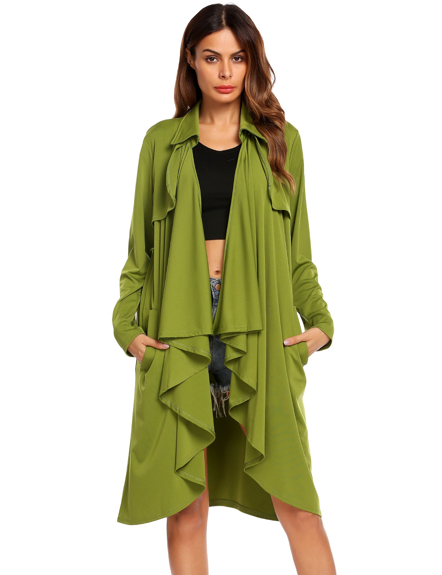 Showyoo Women Solid Lightweight Lapel Open Front Long Trench Coat Cardigan Army Green M