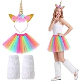 Funnysoft 3 Pcs Halloween Unicorn Costume for Adult Women | Princess Unicorn Dress up, Rainbow Tutu Skirt, Unicorn Horn Headband, White Faux Fur Leg Warmers, for Halloween Cosplay Party