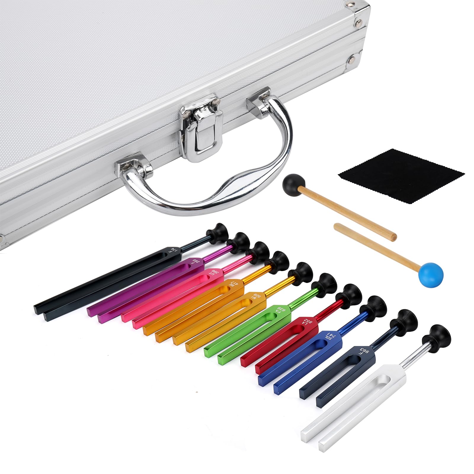 Solfeggio Tuning Forks, 10PCS Unweighted Tuning Forks 432Hz 10 Frequencies Music Healing Tools for Chakra Balancing Meditation Sound Therapy Includes Gift Box 2 Rubber Mallets