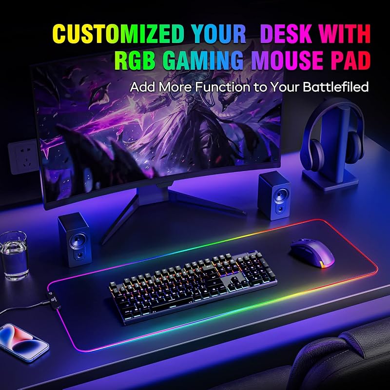 Gaming Mauspad, 12 LED Beleuchtungsmodi RGB Mousepad XXL, 800x300x5mm, Groß Desk Mat Gaming Zubehör mit wasserdichte Oberfläche, 5mm Rutschfester Gummifuß für PC Tastatur